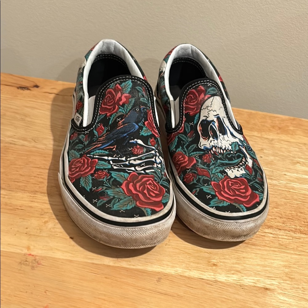 🖤 VANS Unisex Black/Rose Skulls Slip-On Skateboarding Shoe Men’s 7.5 🖤